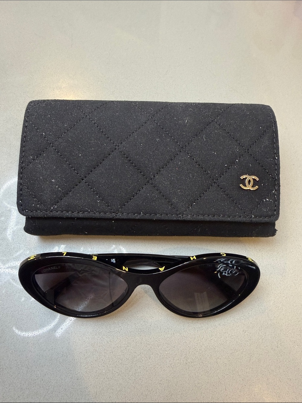 CHANEL Black Cat-Eye Sunglasses with Quilted Black Case
